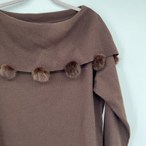 Lemmie for Nina Leonard Brown Knit Pom Pom Off Shoulder Sweater Sz 1X - Picture 6 of 8